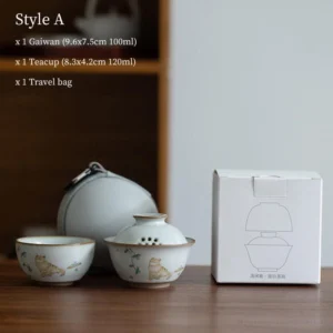 3.4oz portable ceramic travel tea set style A with cat pattern