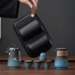 full set of portable chinese gongfu travel tea set in black blue gradient with deer motif