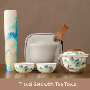 Full open view of portable Chinese porcelain travel tea set with green landscape pattern