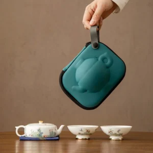 Portable hand painted floral porcelain travel tea set closed carry case