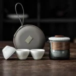 full view of portable glass porcelain travel tea set with carry case