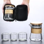 Full complete portable 8.5oz glass travel tea set with bamboo handle and storage bag