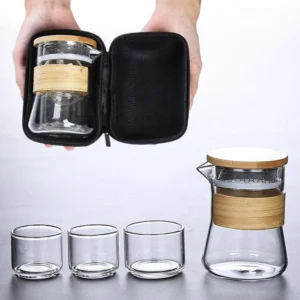 Full complete portable 8.5oz glass travel tea set with bamboo handle and storage bag