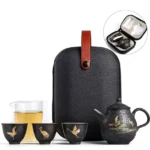 full set of portable golden crane black ceramic travel tea set with carrying bag open