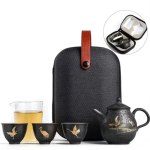 full set of portable golden crane black ceramic travel tea set with carrying bag open