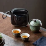 full set view of portable ceramic gongfu travel tea set with lotus relief