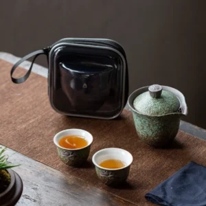 full set view of portable ceramic gongfu travel tea set with lotus relief