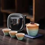 full set view of portable gradient ceramic travel kung fu tea set with carrying case