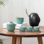 portable green ceramic kung fu travel tea set full view with carrying bag