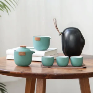 portable green ceramic kung fu travel tea set full view with carrying bag