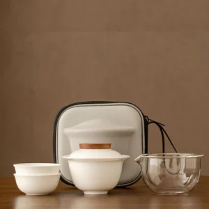 full set view of portable white porcelain kung fu travel tea set with hard carry case