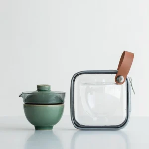 Portable Longquan Celadon travel tea set style A with gaiwan and carrying bag