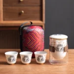 full set of portable ceramic glass lucky cat travel tea set with carry bag