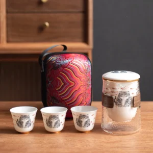 full set of portable ceramic glass lucky cat travel tea set with carry bag