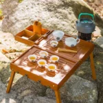 Full set of portable outdoor kung fu travel tea set with folding bamboo table and camping stove