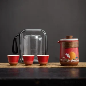 full set view of portable red ceramic travel kung fu tea set with carry bag