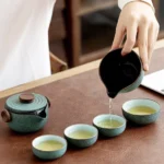 full set view of portable sage green ceramic travel kung fu tea set