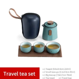 full open view of portable sage green ceramic travel tea set with carry bag
