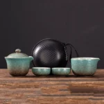 Green crackle glaze portable travel gongfu tea set with all components displayed