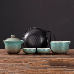 Green crackle glaze portable travel gongfu tea set with all components displayed