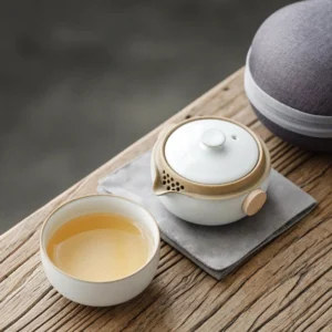 portable 5.4oz travel kung fu tea set with wooden handles and storage bag