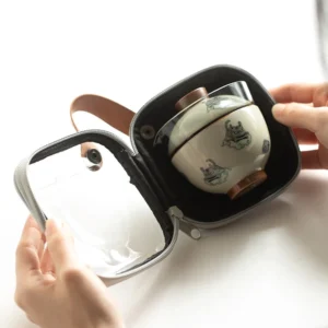 Full set of 4.2oz portable travel tea set with auspicious beast pattern in carrying bag