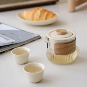Portable travel tea set beige variant, all components displayed outside padded carrying case