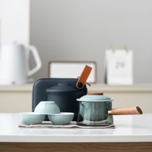 portable travel tea set dark gray variant with glass teapot wood handle