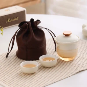 portable kung fu travel tea set complete with glass gaiwan two teacups and travel bag
