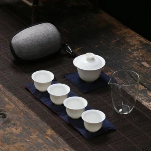 Portable matte white ceramic kung fu travel tea set complete with carrying case