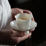 Petal edge pure white Chinese tea cup and saucer 2oz handmade porcelain