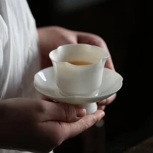Petal edge pure white Chinese tea cup and saucer 2oz handmade porcelain