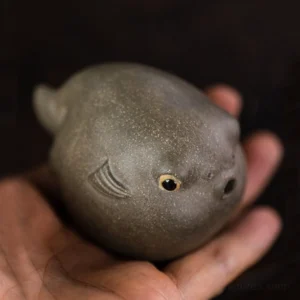 handcrafted purple clay blowfish tea pet front view