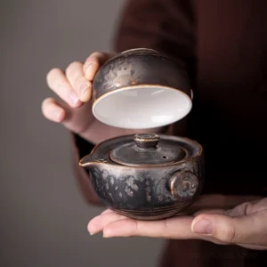 full set view of retro ceramic portable kung fu travel tea set with linen bag