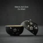 Set of 2 antique black ceramic chawan tea bowls with silver sakura decor 1.5oz