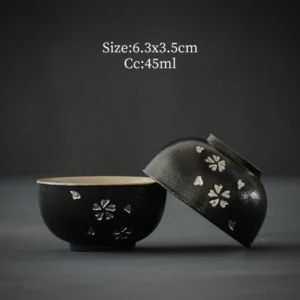 Set of 2 antique black ceramic chawan tea bowls with silver sakura decor 1.5oz