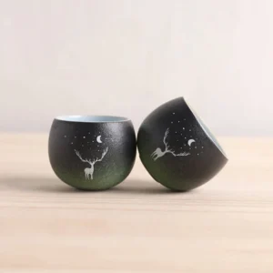Set of 2 Chinese tea cups gradient black green with deer moon pattern