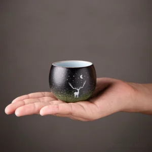Set of 2 hand-painted deer moon chinese tea cups 1.7oz matte gradient ceramic