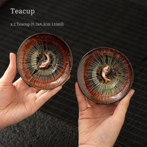 Set of 2 handmade Jian Zhan chawan teacup with koi kiln change glaze