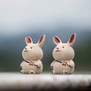 set of 2 handcrafted mini rabbit yixing clay tea pet on tea tray