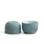 Set of 2 vintage green textured ceramic chawan tea cups main product view