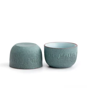 Set of 2 vintage green textured ceramic chawan tea cups main product view