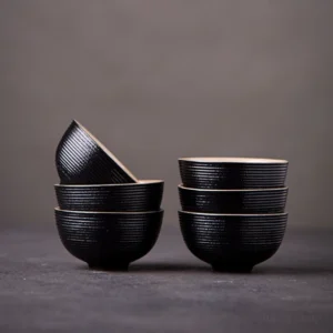 set of 6 chinese black vertical texture ceramic gongfu tea cups 1oz