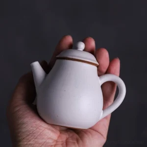 handheld view of small white chinese ceramic teapot with built in filter