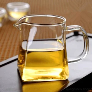 full view of 10.1oz heat resistant square base glass gong dao bei fairness tea pitcher