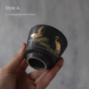 style a handcrafted black clay gold crane chinese tea cup