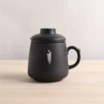 Style A 12.8oz matte black Chinese ceramic tea mug with infuser and lid zen motif