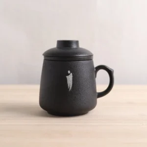 Style A 12.8oz matte black Chinese ceramic tea mug with infuser and lid zen motif