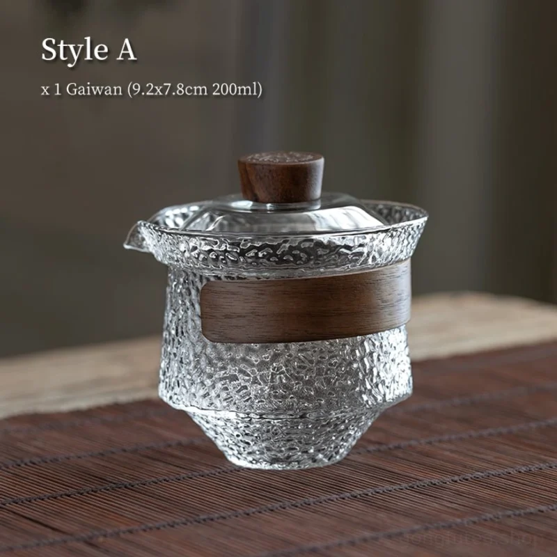 Hammered Textured Glass Gaiwan Tea Set With Wood Handle 6.8oz - Gongfu ...