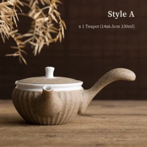 handmade speckled tan chinese ceramic side handle teapot with built in metal filter